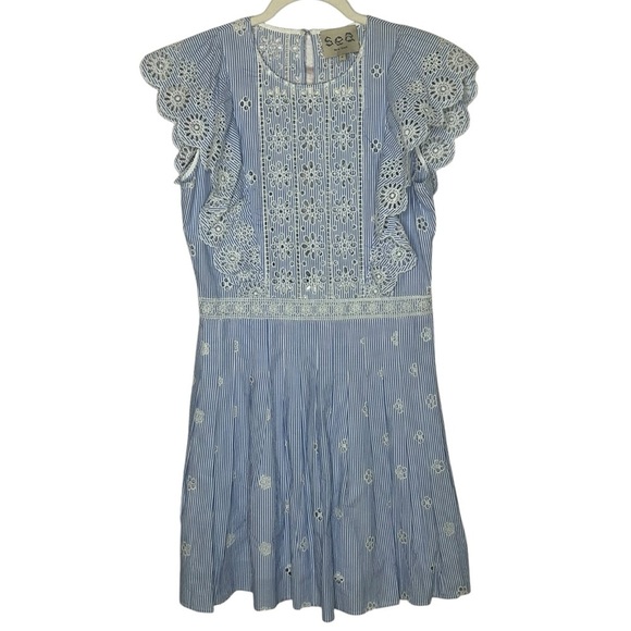 Sea Blue and White Eyelet Flutter Sleeve Embroidered Dress - Picture 1 of 12